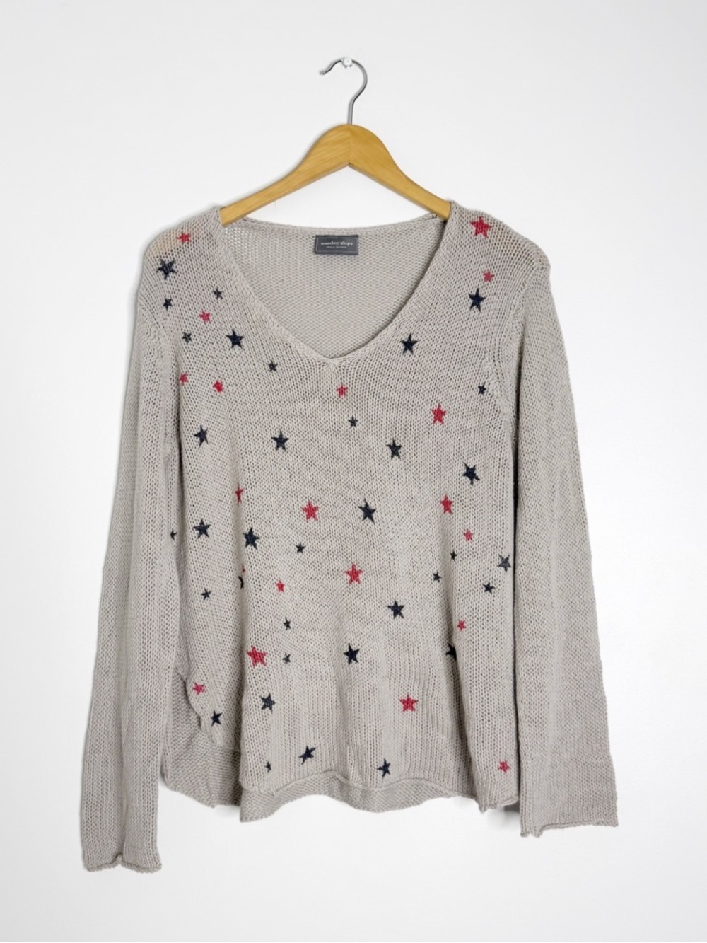 Wooden Ships Star Knit Sweater Gray Cotton Blend Lightweight Medium Large USA